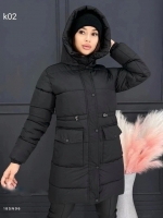 Удлиненная куртка с капюшоном пояс утяжка K02 черная SN