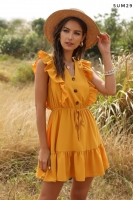 Платье крылышки поясок волан желтое Um29