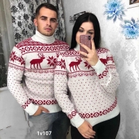 Вязаный зимний свитер олени снежинки Белый V107