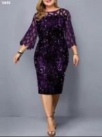 Платье SIZE PLUS пайетки, рукава сетка Фиолет M98