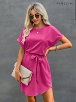 Платье Size Plus однотонное с пояском ярко-розовое M29