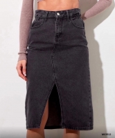 Джинсовая юбка миди с разрезом черно-серая MO39