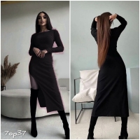 Платье лапша с длинным рукавом и разрезом черное OP37