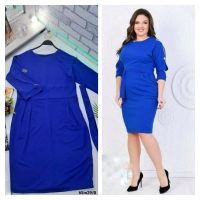 Платье Size Plus рукав 3/4 с разрезом и пояском синее M29