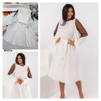 Платье Size Plus с пояском вставка сетка горох на рукавах белое K53