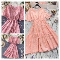 Платье Size Plus перфорация поясок утяжка розовое UM37