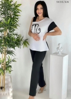 Костюм Size Plus кошка футболка с открытым плечом и брюки черный K36