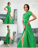 Платье длинное в горошек с поясом зеленое M116