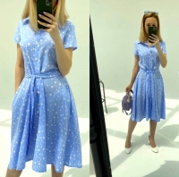 Платье софт в горошек с поясом Голубое S2778