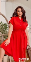 Платье Size Plus на пуговках стойка ворот с пояском красное M29_Новая цена