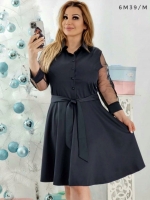 Платье Size Plus на пуговках вышивка рукав черное M29