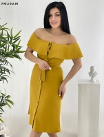 Платье Size Plus волан декольте на пуговках желтое M29