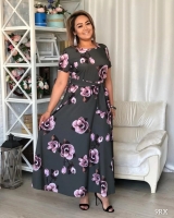 Платье Size plus длинное итальянка с поясом тем-серое в цветы RX