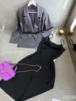 Комплект серый пиджак и платье с ремешком G268