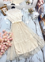 Платье с поясом сетка на подкладе кремовое KH