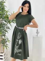 Платье Size Plus полевые цветы с ремешком хаки M29
