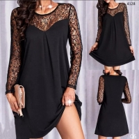 Платье крепун с гипюром черное KH4128_Новая цена 11.23