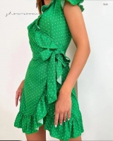 Платье на запах с воланом в горошек зеленое A133