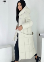Длинное стеганое пальто с поясом молочное 69 DIM