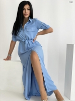Платье на пуговках длинное с поясом сингапур голубое RH122 
