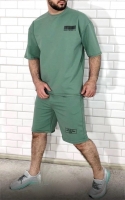 Мужской костюм шорты и футболка штрих код фисташка D31